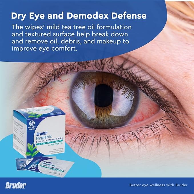Hygienic Eyelid Cleansing Wipes with Tea Tree Oil l Pre-Moistened, Rinse-Free Exfoliating Wipes Remove Excess Oil and Debris from Eyelids & Lashes l 30 Count Box