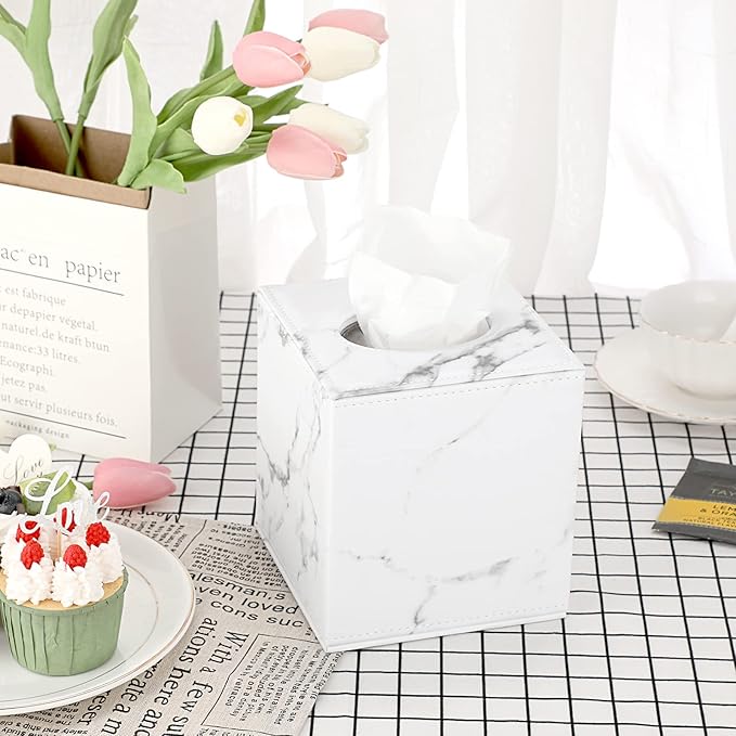 Sumnacon Square Leather Tissue Box Cover - Stylish Cube Tissue Box Holder with Magnetic Bottom, Decorative PU Tissue Box for Vanity Dresser Night Stand Table Countertop Home Office Car, Marble White