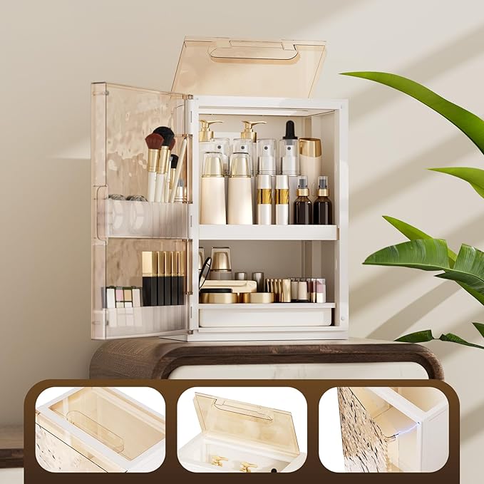 AERCIINC Makeup Organizer with Drawers and Lid, Large Skincare Organizer for Vanity, Dustproof Cosmetic Organizer and Makeup Storage Box with Brush Holder for Dresser, Bathroom Countertop