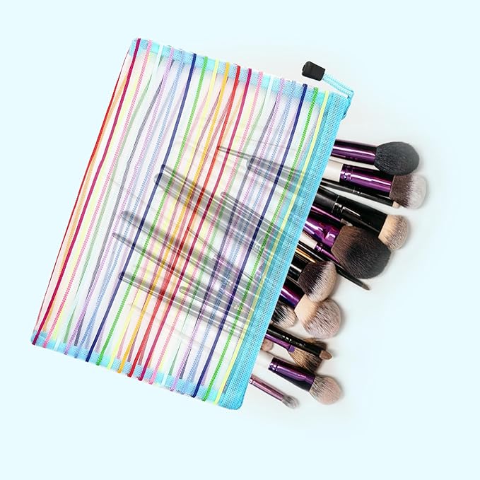 CarryEpic Mesh Bags with Zipper (6 Pack), Nylon Makeup Bag Cosmetic Pouches Travel Organizer Case for Purse Diaper Bag Home Organizing Striped Multi Size Blue