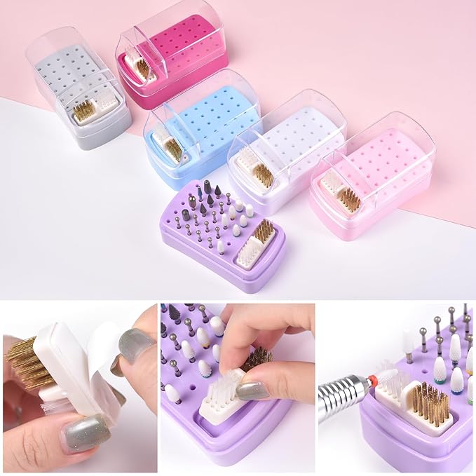 2 in 1 Nail Drill Bit Holder & Nail Drill Bit Cleaner Brush Case 30 Holes Dustproof Nail Drill Bit Display Stand Organizer Box Manicure Drill Bits Cleaning Brush Bits Storage Tool, Pink