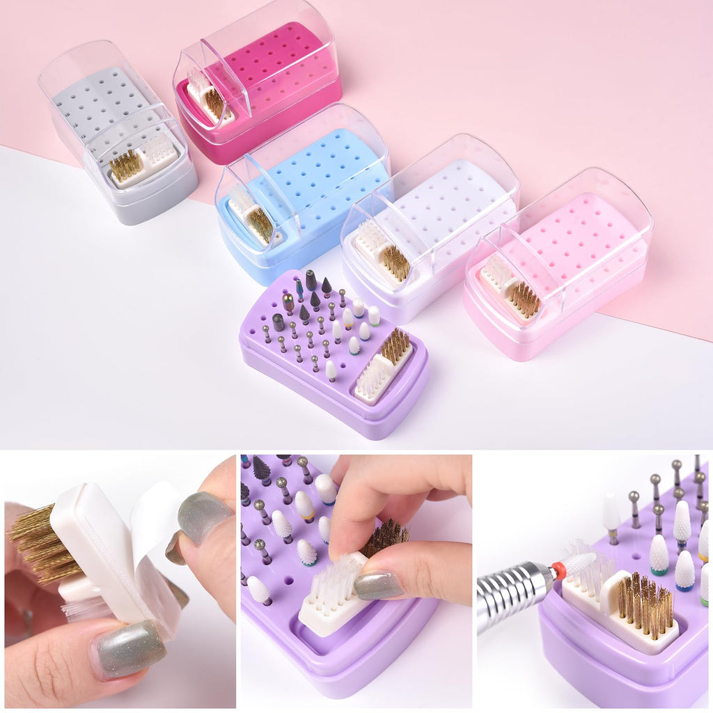 siyuwuro 2 in 1 Nail Drill Bit Holder & Nail Drill Bit Cleaner Brush Case 30 Holes Dustproof Nail Drill Bit Display Stand Organizer Box Manicure Drill Bits Cleaning Brush Bits Storage Tool, Blue