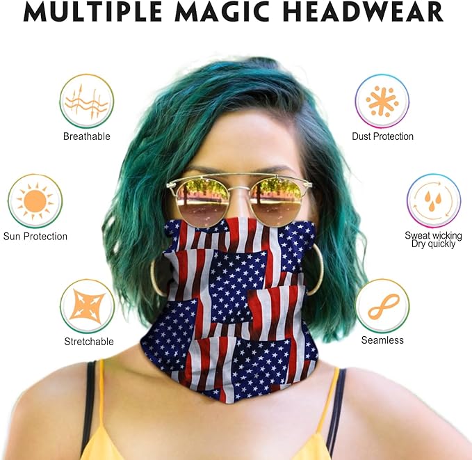 Venswell Neck Gaiter Face Mask Men Women,Seamless Bandana Rave Face Cover Scarf Mask,Balaclava,Headband, Head Wrap,Headwear (A-Blue+Red Flag)