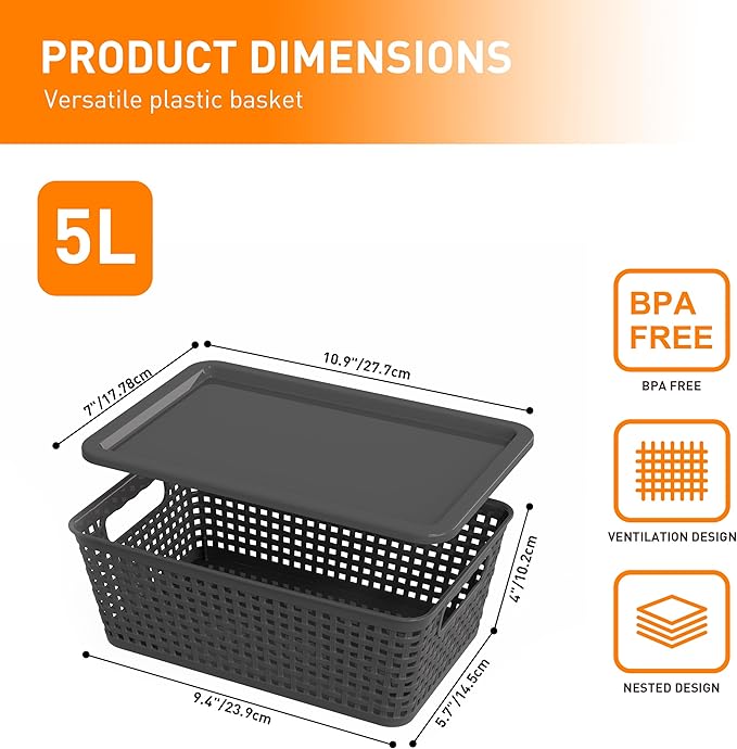 Anywish Plastic Storage Baskets With Lid, Storage Bins for Organizing, Stackable Decorative Containers for Shelves Drawers Desktop Closet Playroom Classroom Office,10 Pack-Grey
