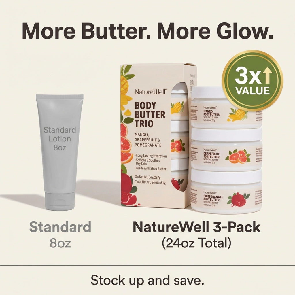 NATURE WELL Shea Body Butter Variety Pack, Includes Grapefruit, Mango, & Pomegranate, Provides Ultimate Nourishment & Hydration, 3 Pack (8 Oz Ea)