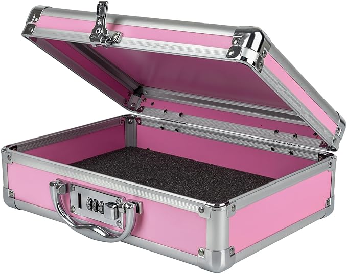 HUONIC Large Portable Cosmetic Box with 6 Accessories, Aluminum Makeup Storage Lock Case. 11.2 X 8 X 3.9 Inches, Great Gift for Women. (Pink)