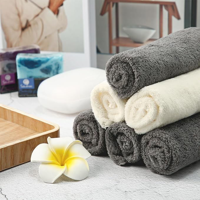 Syhood 12 Pieces Face Wash Cloth 12 x 12 in Makeup Remover Cloths Towel Coral Velvet Facial Microfiber Soft Fast Drying Facial Cleansing Towel for Face(Beige, Gray)