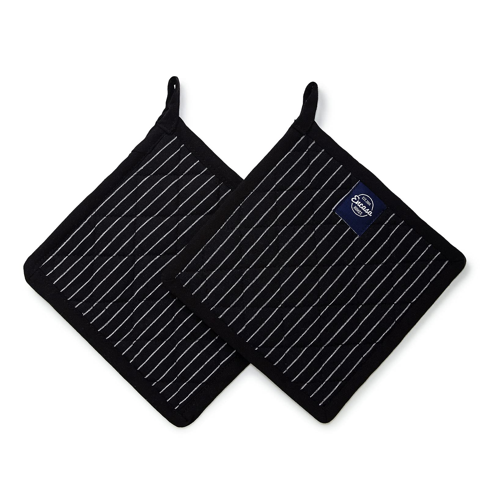 Encasa XO 8 inches Oven Microwave Potholders (2 pc Set) for Kitchen Cooking & Baking - Heat Resistant, Thick & Safe, Protection of Hands from Hot Utensils - Butcher Stripes Black