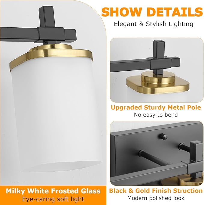 3-Lights Black and Gold Bathroom Lighting Fixtures Over Mirror, Anti-Rust Vanity Wall Lights for Bathroom with Milky White Frosted Glass Shades, Modern Bath Wall Lamp for Living Room Bedroom