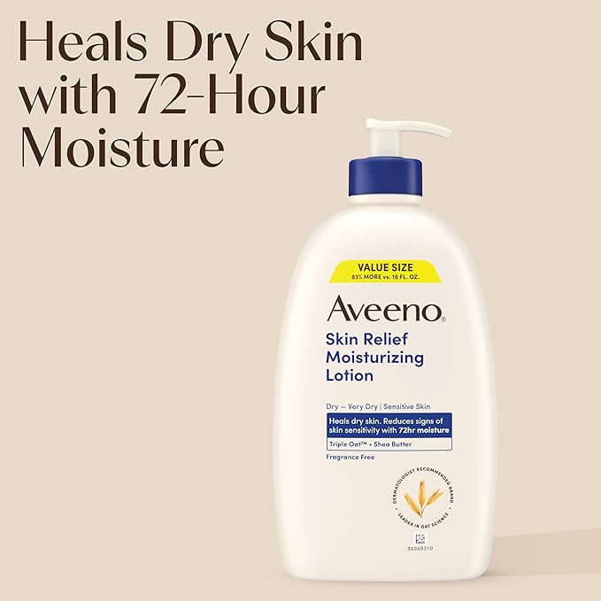 Aveeno Skin Relief Moisturizing Body Lotion Heals Very Dry, Sensitive Skin, Fast-Absorbing Lotion with Soothing Triple Oat & Shea Butter Formula, Fragrance Free Lotion, Non-Comedogenic, 33 Fl Oz