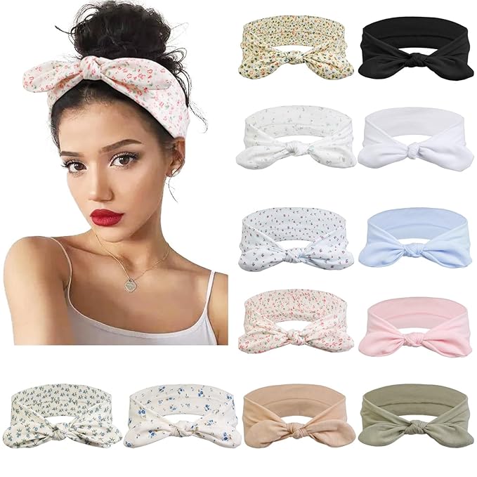 12 Pack Wild Floral Bow Headbands for Women Elastic Headwraps Hair Band Yoga Running Sports Knotted Headband Stretchy Rabbit Ears Turban Fashion Sport Cute Hair Accessories（Elastic Floral Hairbands）