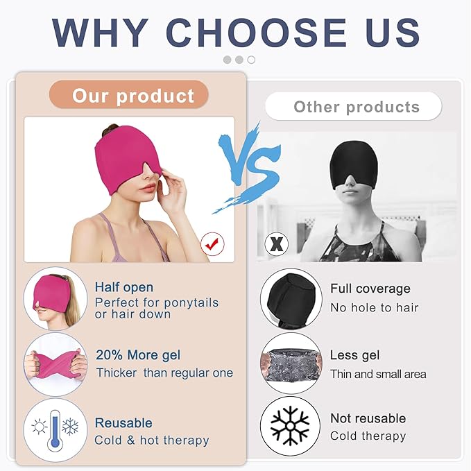EXQUISLIFE Migraine Headache Relief Cap, Gel Ice Head Wrap, Hot and Cold Therapy, Headache Eyes Mask for Sinus, Puffy Eyes, Tension and Stress Relief (Hot Pink)