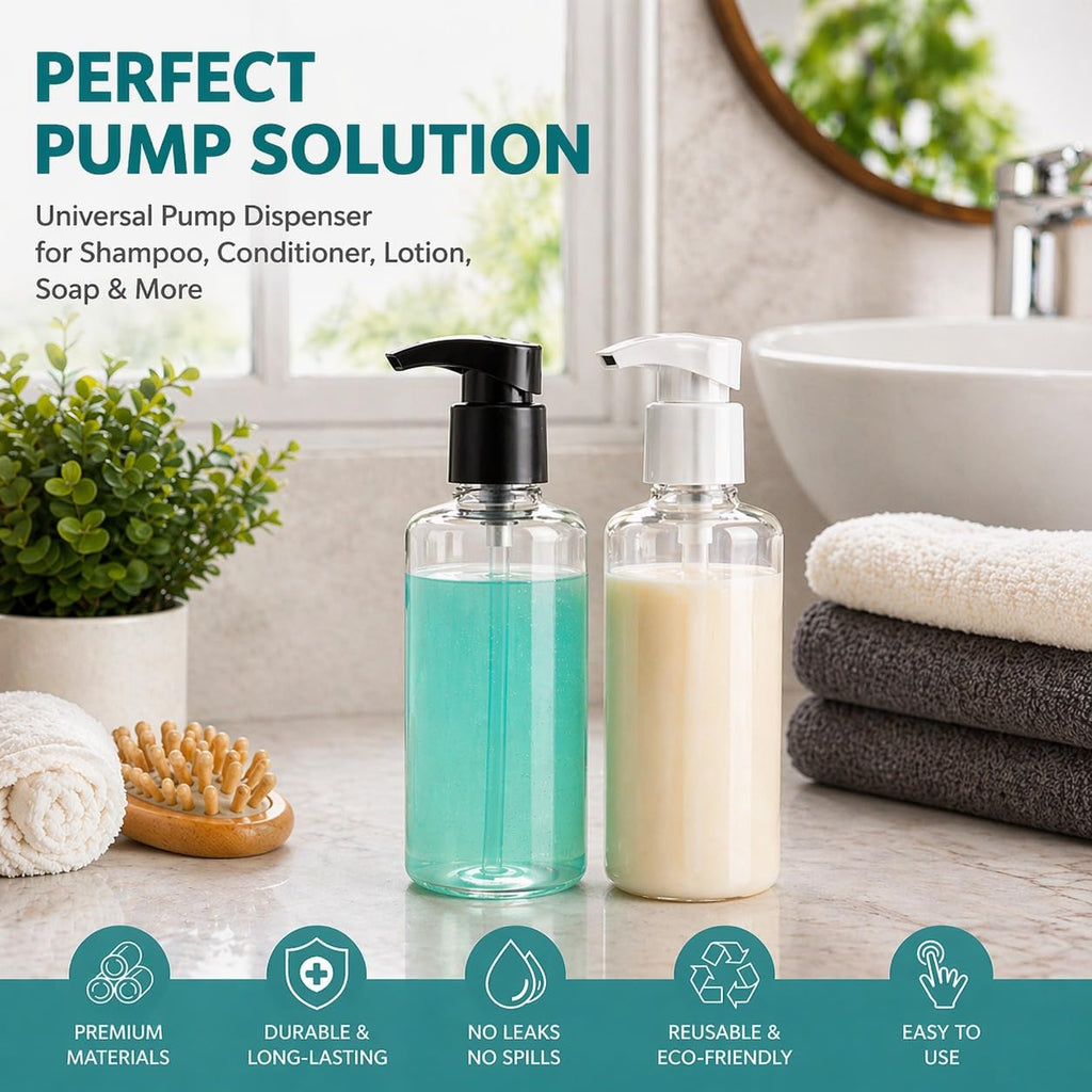Universal Shampoo/Conditioner Dispenser Pump for Bottles, Leak Proof, Pump Top Fits 1 L/33.8 oz Bottles, 28/410 Neck Size, (White - Pack of 2)