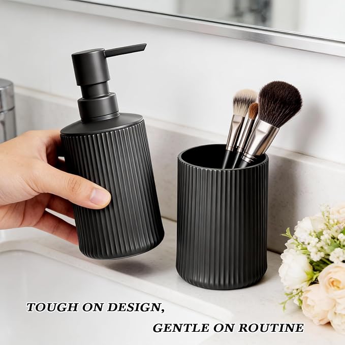 Fooguila Bathroom Set Accessories, Black Soap Dispenser and Toothbrush Holder Complete 2 Piece Plastic Hand Dish Soap Counter Set for Modern Decor