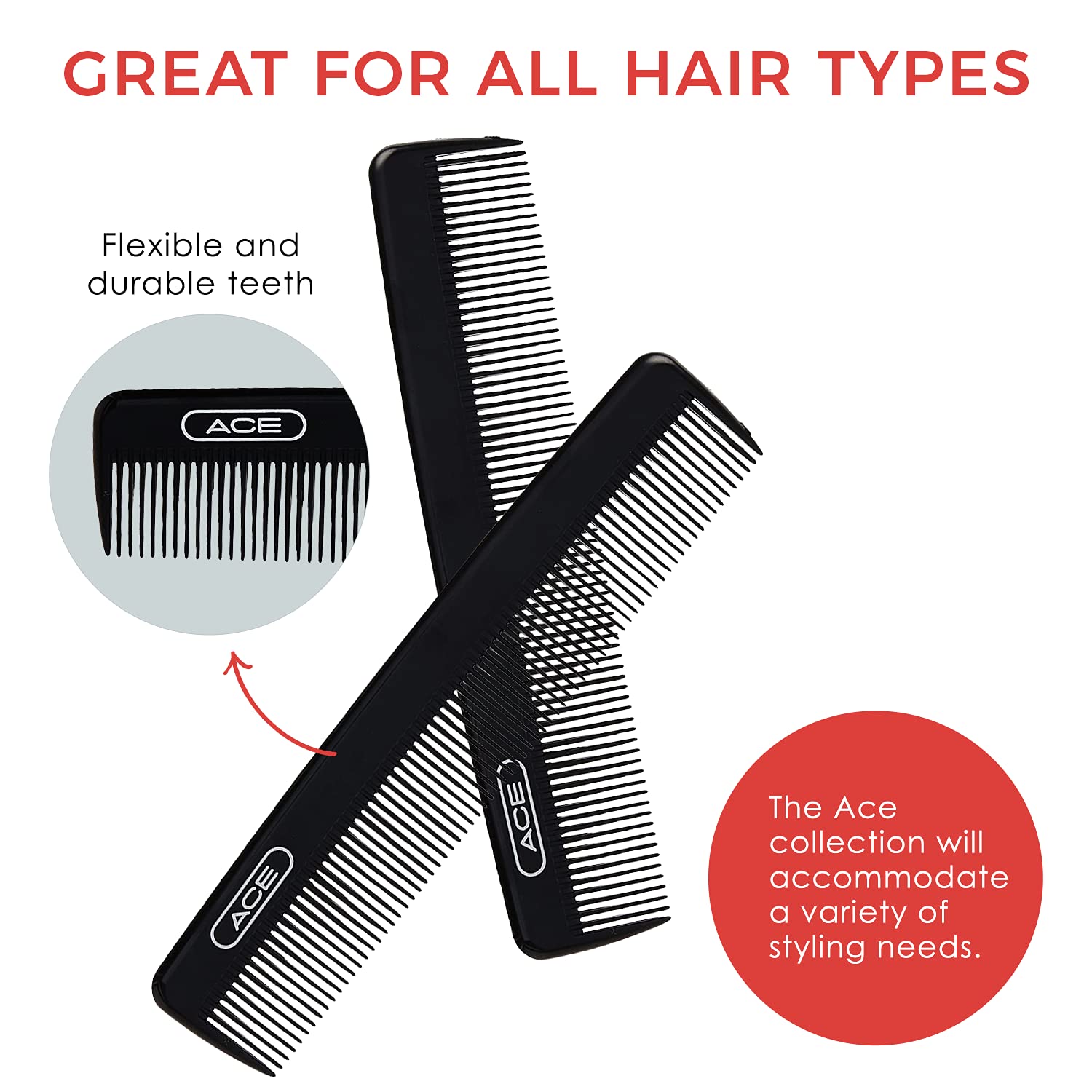 ACE Pocket Fine Tooth Comb - 4.5 Inch, Black - Great for All Hair Types - Fine Comb Teeth for Thin to Medium Hair - Durable for Everyday and Professional Use