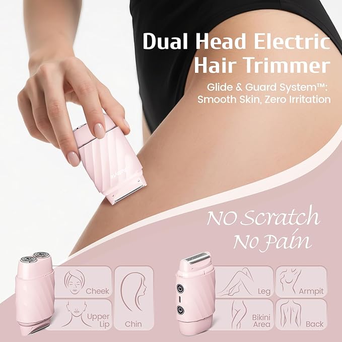 4-in-1 Electric Razor for Women, Bikini Trimmer & Facial Hair Remover, Rechargeable Cordless Dual-Head Shaver, IPX7 Waterproof, Painless & Hypoallergenic for Sensitive Areas, Pink