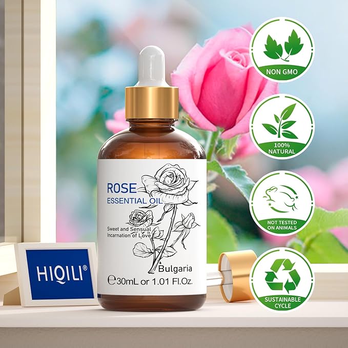 HIQILI Rose Essential Oil 1 Fl Oz, for Aromatherapy, Diffuser, Skin Care, Massage, Includes Premium Quality Glass Dropper