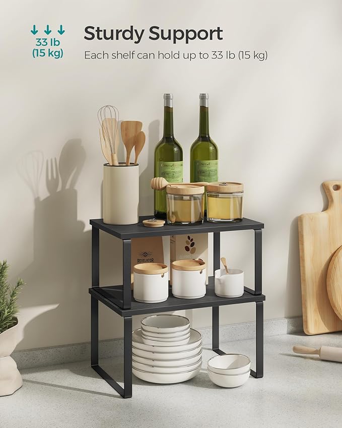 SONGMICS Cabinet Organizer Shelf, Set of 2 Kitchen Counter Shelves, Kitchen Storage, Spice Rack, Stackable, Expandable, Metal and Engineered Wood, 11.7 Inches, Ink Black and Charcoal Black UKCS02B01