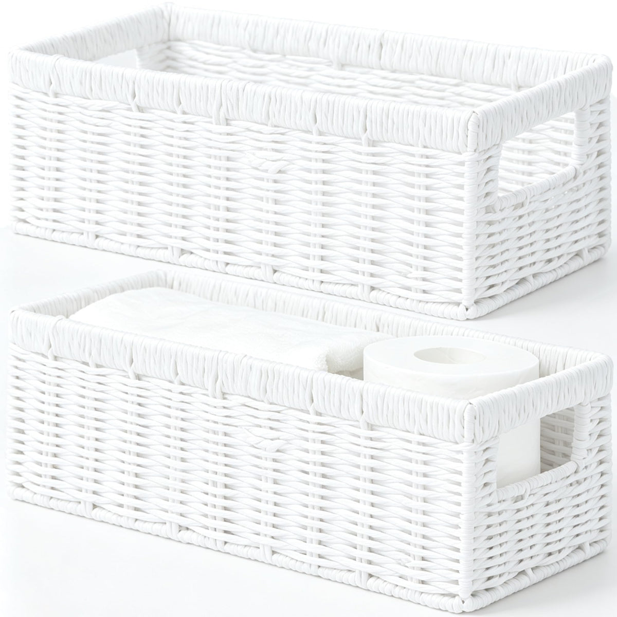 Vagusicc Wicker Storage Basket, Paper Rope Wicker Baskets with Handles, Toilet Paper Basket for Toilet Tank Top, Small Wicke Baskets for Organizing Shelves, 2-Pack, Brown