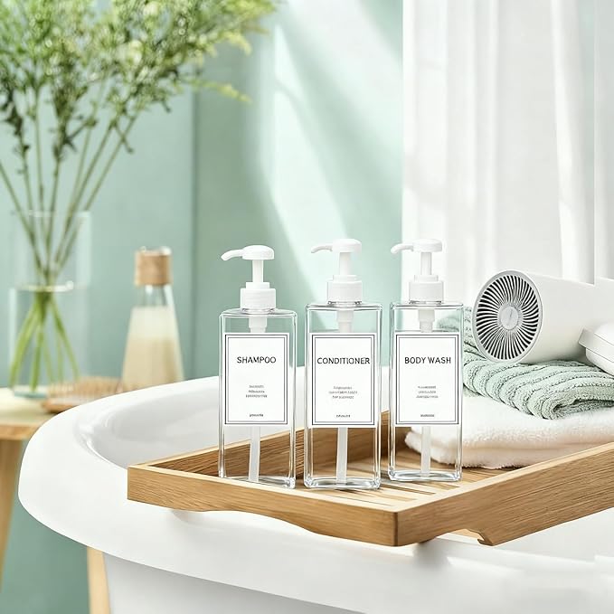 Modern Shampoo and Conditioner Dispenser (21 oz, Pack of 3) Refillable Pump Bottle Set Empty Shower Plastic Bottles with Pump for Bathroom Body Wash Soap and Shower (Clear)