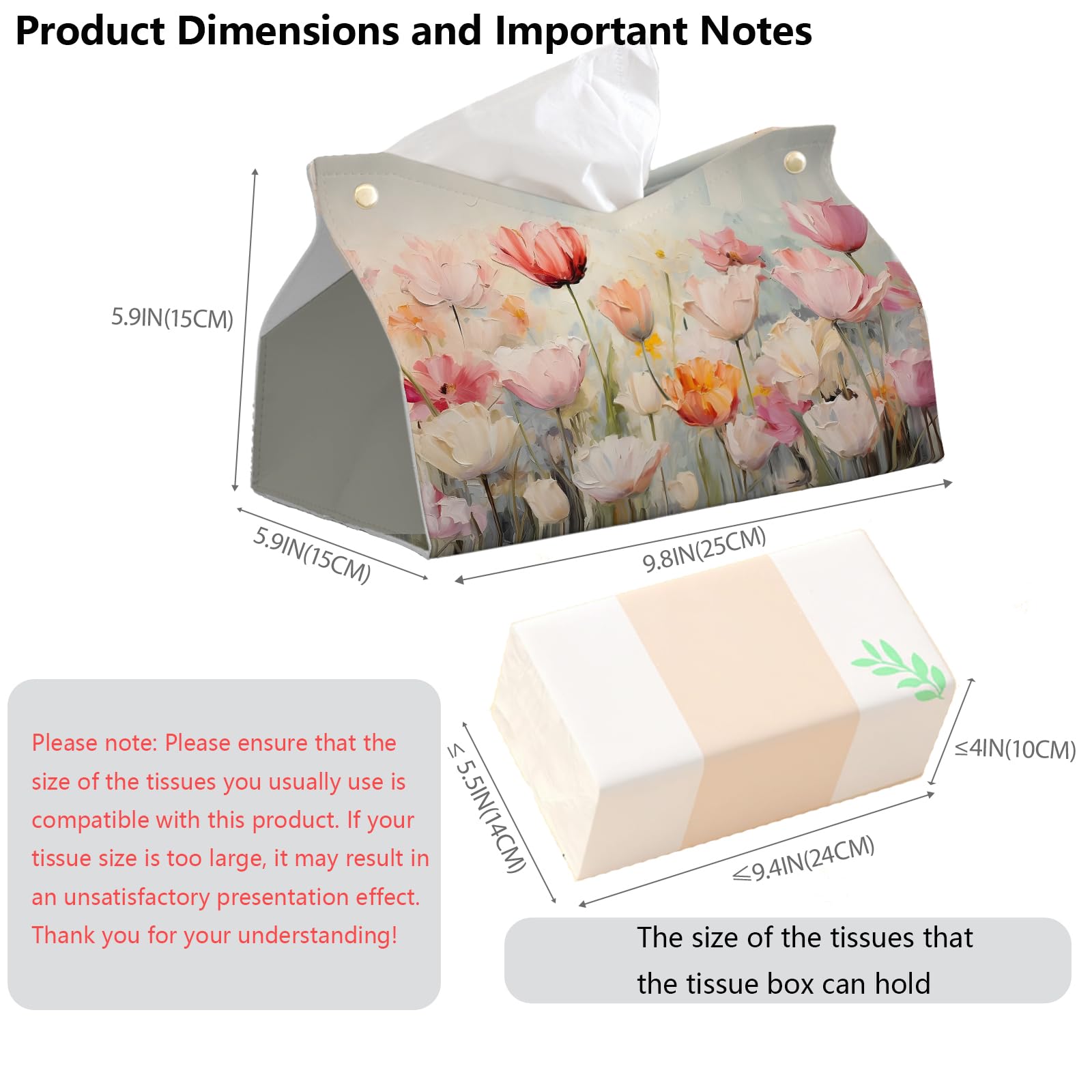 PaJiaNi Spring Floral Leather Tissue Box Cover Rectangle, Tulip Flower Toilet Paper Box Holder,Flower Decorative Facial Paper Case for Farmhouse Living Room Bathroom Kitchen Office Desk,9.8x5.9x5.9In