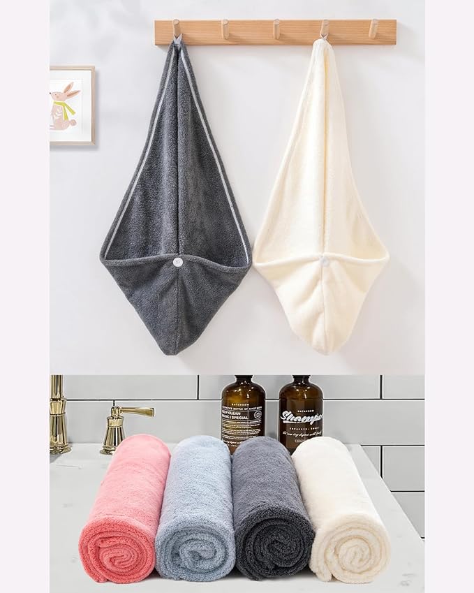 Hair Towel Wrap 4 Pack for Women - Microfiber Fast Dry Turban, Anti Frizz Button Design, Lightweight Absorbent Hair Cap for Straight/Curly/Long Hair, 25cm x65cm Travel Towel (4 Colors)
