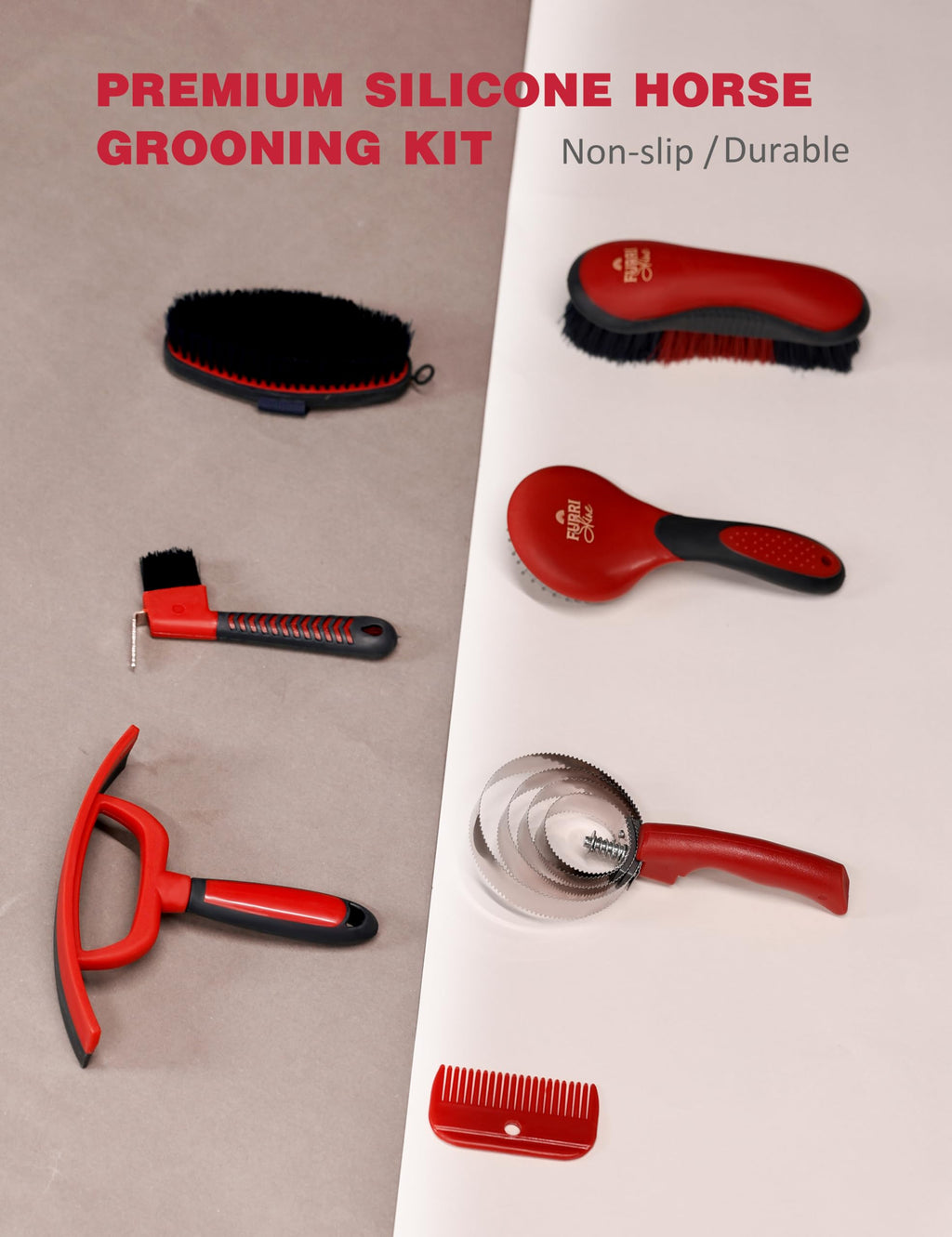 Furrishine Horse Grooming Kit, 9 Piece Grooming Brush Set with Silicone Curry Comb for Bathing & Shedding Shadowberry