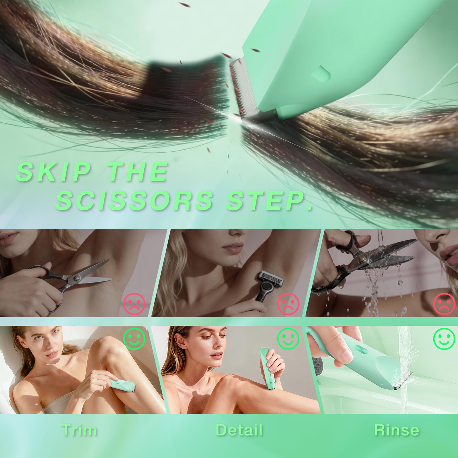 Fanovae Bikini Trimmer for Women, 2 in1 Electric Razor for Pubic Hair, Bikini Line and Body, Dual-Ended Shaver, USB-C Rechargeable, IP67, Designed for Sensitive Areas (Green)