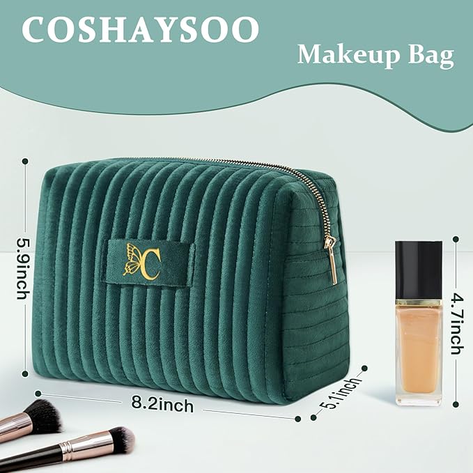 COSHAYSOO Personalized 16th 18th 21st Birthday Gifts for Girls Travel Makeup Bag Quilted Make Up Cosmetic Pouch 16 17 18 19 20 21 Year Old Girl College Dorm Essentials Green Velvet Initial Letter C