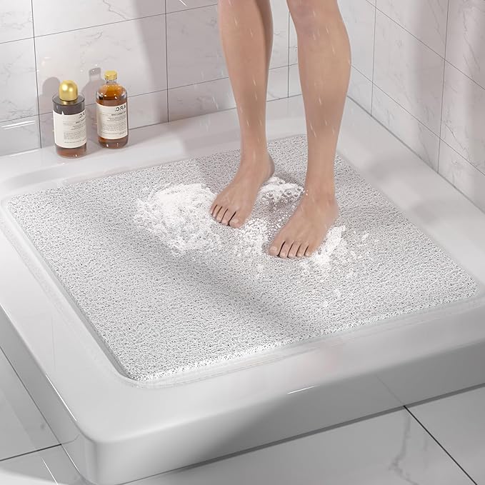 HITSLAM Square Shower Mat Non Slip, Bath Tub Mat for Textured Surface, Soft PVC Loofah Bathtub Mats Without Suction Cups, Quick Drying Shower Floor Mat, 24 x 24 Inch Bathroom Accessories, White