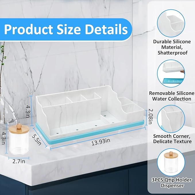 Bathroom Counter Organizer, Large Silicone Toothbrush Holders for Bathrooms with 3PCS Qtip Holder, Detachable Bathroom Organizer Countertop Toothbrush and Toothpaste Holder Makeup Organizer for Vanity