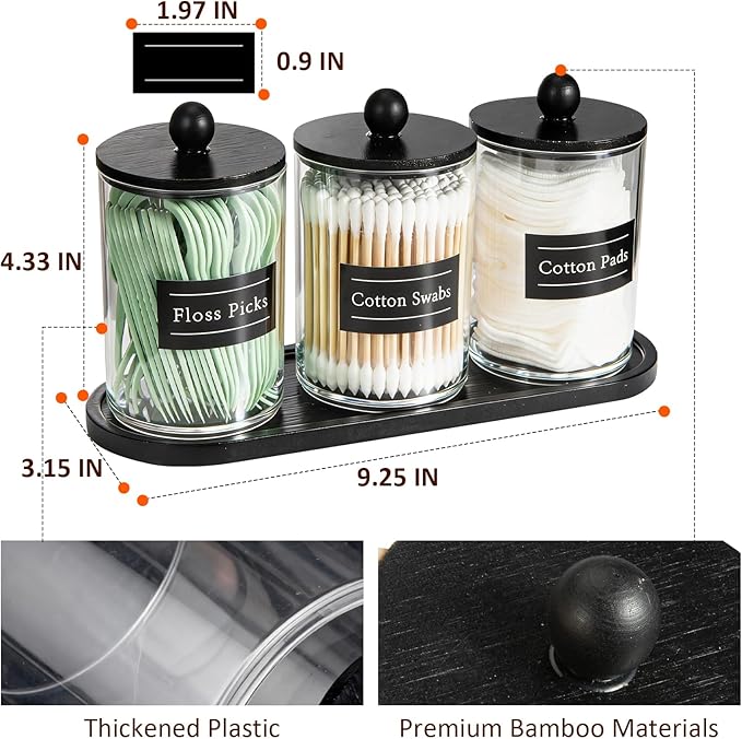 Vituney 3 Pack 10 oz Acrylic Qtip Holder with Tray Labels Dispenser- Bathroom Small Clear Plastic Canister Apothecary Jar Set Essentials Accessories Decor, Vanity Storage Organizer