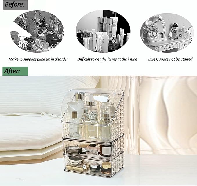 MIATTCLD Stackable Clear Makeup Organizer Cosmetic Storage Box, Makeup Display Cases Skincare Organizer, Plastic Makeup Holder for Vanity, Bathroom, Cabinet, Desk Countertop (B)