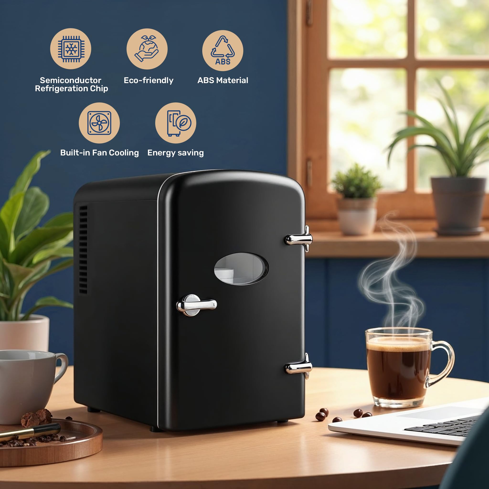 HealSmart 4L Mini Fridge with Observation Window, 6 Can Capacity, Freon-Free and Portable Cooler and Warmer, Cosmetics/Food/Beverage, Black New