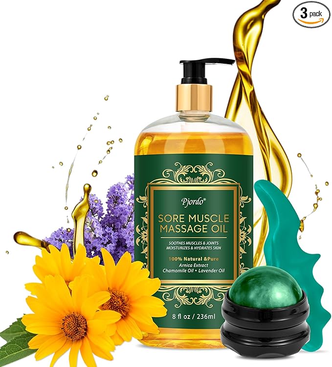 Pjordo Sore Muscle Massage Oil for Massage Therapy, with Massage Roller Ball & Thumb Saver Massager, Body Massage Oil for Muscle Relaxing, Soothes Joints & Muscles with Arnica, Lavender Oil(8 Fl Oz)