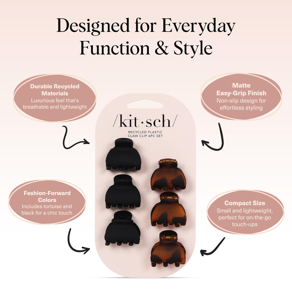 Kitsch Mini Claw Clips for Women - Stylish Small Hair Clips for Kids | Stays In Place Without Pulling or Snagging | Durable & Sturdy Plastic - Tortoise & Black, 6 Pcs