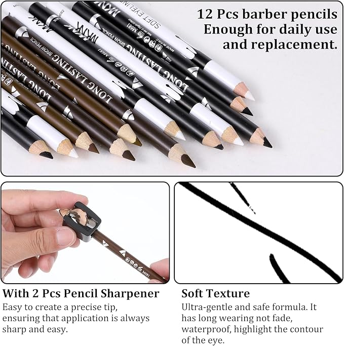 BOHUIZ 12Pcs Barber Pencil, Magic Hairline Pencils with 2 Sharpener