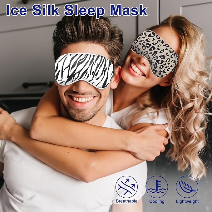 Cavoilu Sleep mask w/Cooling Gel Eye Mask, 2Packs Heated Eye Mask for Sleeping, Reusable Ice Silk Blackout Eye Cover Sleeping Mask for Travel, Home, Office, Yoga, Stocking Stuffers (Zebra+Leopard)