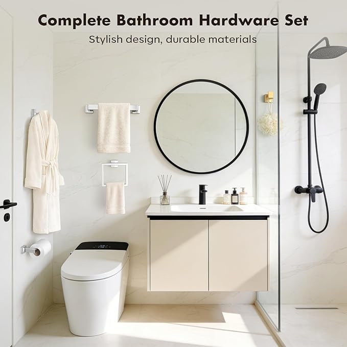 Bathroom Accessories Towel Bar Set: 10 Pieces Brushed Nickel Square Bathroom Hardware SUS304 Stainless Steel - Wall Mounted Towel Rack&Toilet Paper Holder&Towel Ring and Towel Hook