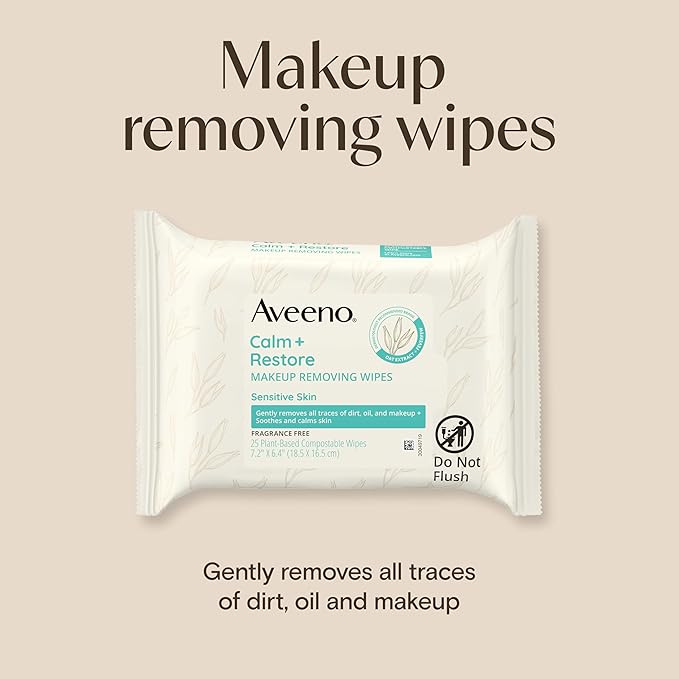 Aveeno Calm + Restore Unscented Makeup Remover Face Wipes, Fragrance Free Facial Cleansing Towelettes with Oat Extract & Calming Feverfew Leave Skin Feeling Soothed, Alcohol Free, 25 ct