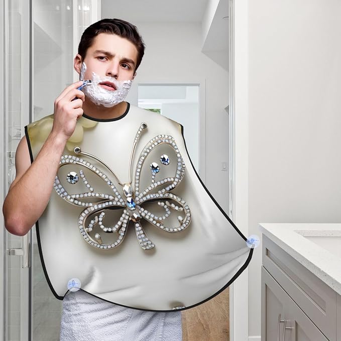 Rhinestone Butterfly And Flower Print Beard Bib Apron For Men, Beard Hair Catcher For Men Shaving Trimming,Beard Cape Cloth
