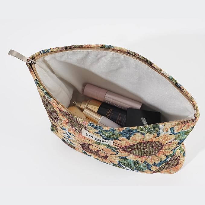 BOCGRPU 2 PCS Makeup Bag Set，Portable Cosmetic Bag for Purse ，Large Storage Capacity Toiletry Bag Make up Organizer，Travel Pouch with Zipper for Women, (Sunflower Oil Painting)