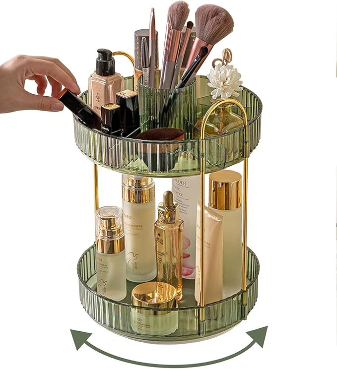 Asayuee 360 Rotating Makeup Organizer,2 Tier Large Capacity Make Up Organizers and Storage,Skincare Perfume Vanity Organizers,Bathroom Cosmetics Storage Organizer Countertop(Clear)