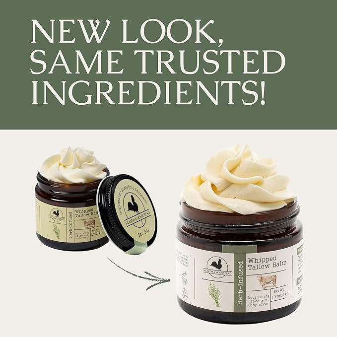 Hearth & Homestead Whipped Beef Tallow for Skin & Face - 100% Grass Fed, Eczema Cream & Body Butter - Organic Olive Oil, Calendula & Rose - Lotion & Hand Moisturizer for Dry Skin, Unscented, 1.3oz
