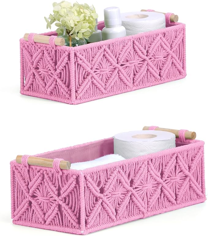 Nonam Macrame Storage Baskets, Boho Decor Style Woven Storage Boxes for Home Organization, Toilet Tank Shelf Cabinet Organizer Baskets,Set of 2,Rectangle,Pink