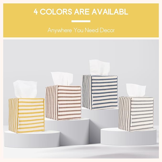 Tissue Box Cover, Fabric Tissue Box Holder Square, Stylish Toilet Paper Storage, Modern Bathroom Counter Organizer Decorations Accessories,Ticking Stripe 5''x5''x5'' (Ginger Yellow)