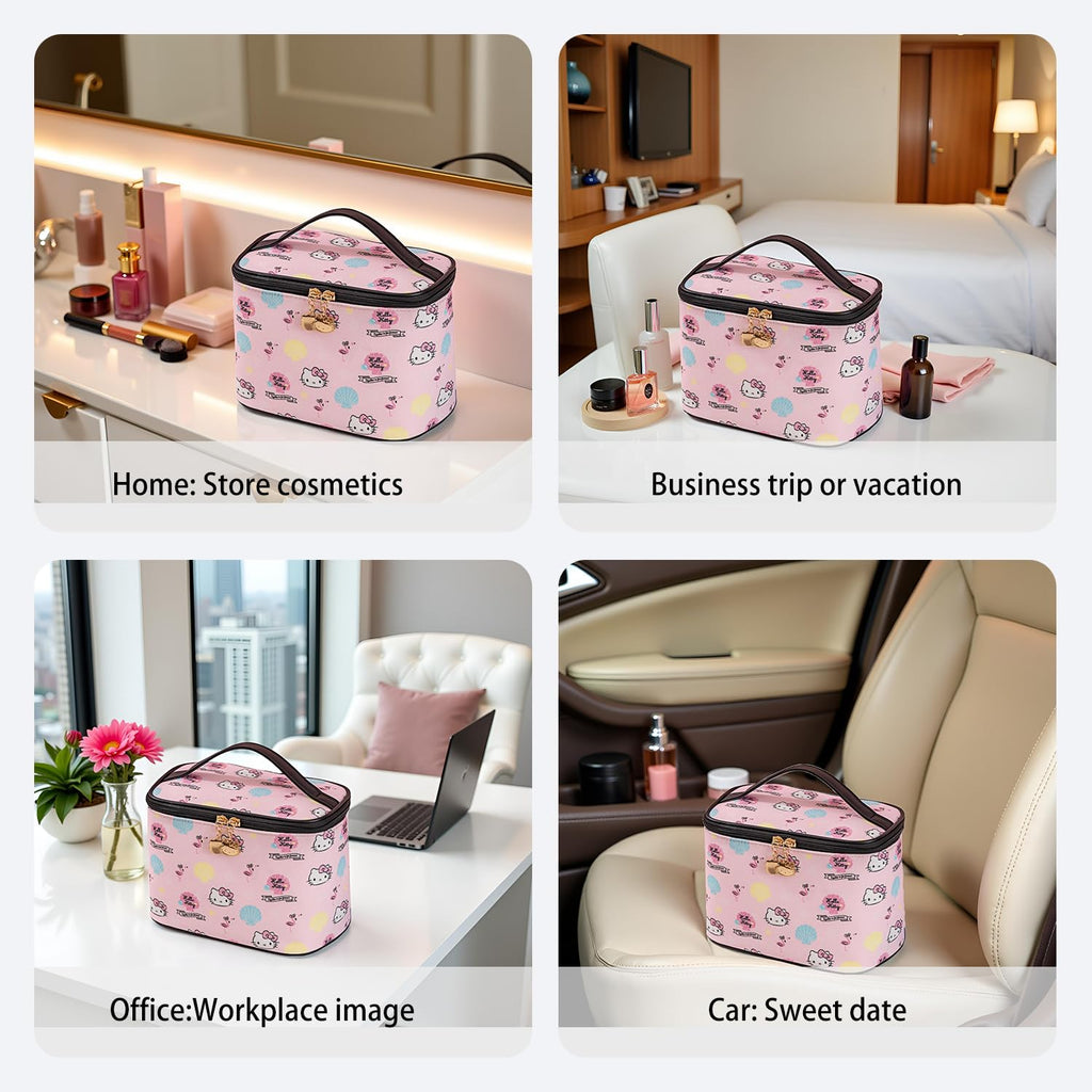 Vimanllie Cosmetic Bag Large Makeup Bag |Travel Toiletry Bags Organizer for Women | Pink Canvas Case with Brush Holder for Girls - Beauty Organizer for Home & Travel with Handle