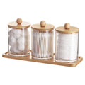 Tbestmax 10 oz Qtip Holder with Vanity Tray, 3 Pack Cotton Swab/Ball/Pad Dispenser Apothecary Jar, Clear Bathroom Containers Dispenser for Storage Bamboo Lids