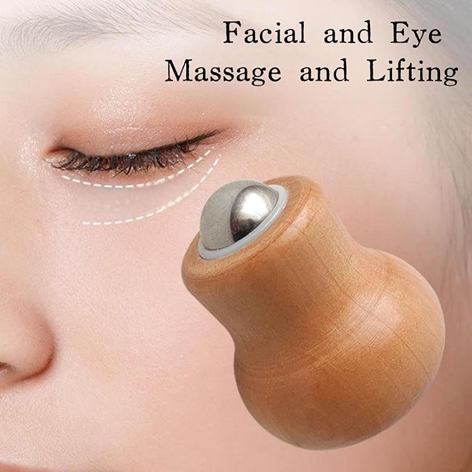 Stainless Steel Facial Massage Roller with Beech Wood Handle, 360-Degree Rotating Ice Ball for Face and Eye Care, 1 Pack
