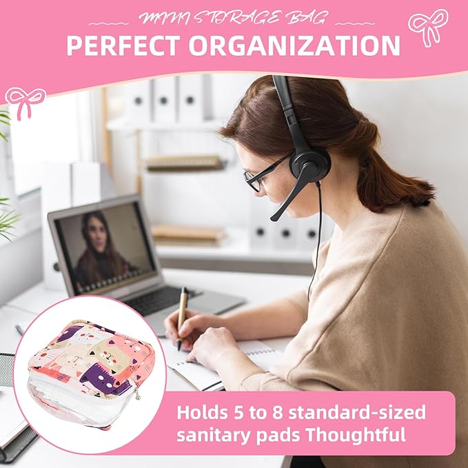 OLLBIT Sanitary Napkin Storage Bag,Period Bag,Portable Period Bag for Teen Pads Sanitary Napkins Small Tampons First Period Gifts for School Hygiene Bags Travel Containers (Cat)